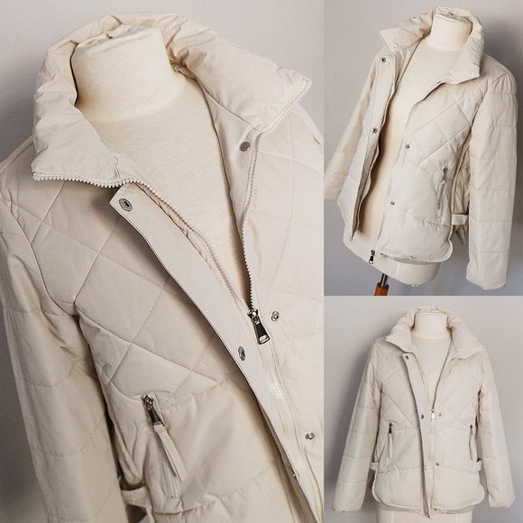 NEW Stone Ecru Ivory Diamond Quilted High Neck Nylon Cozy Warm Puffer Jacket - Picture 5 of 11